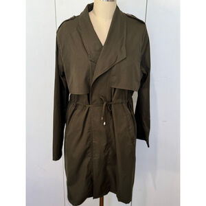 Women's Olive Green open front Trench style topper with cinch waist, Size XL